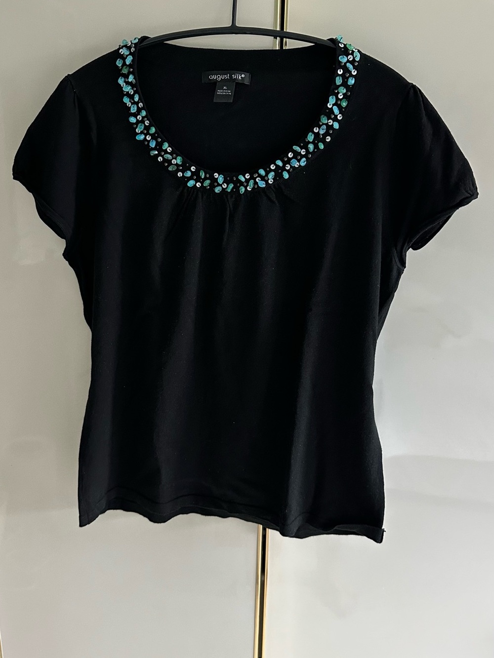 august silk Black Short-Sleeve Top with Turquoise Beaded Neckline